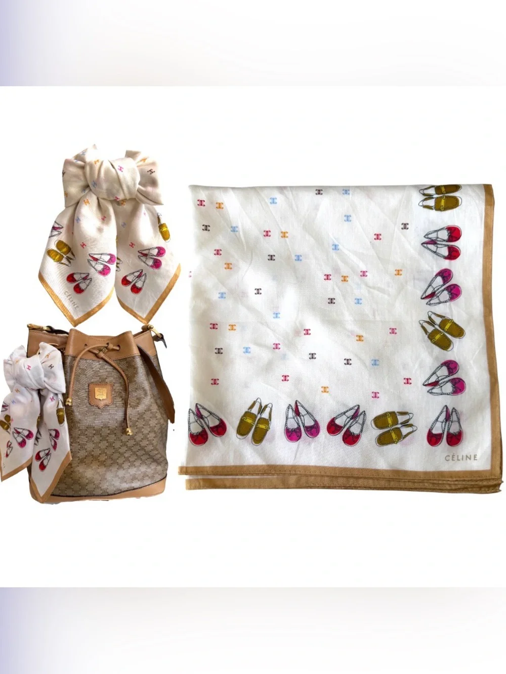 Céline Macadam Blazon White Cotton Square Scarf Whimsical Shoes Print